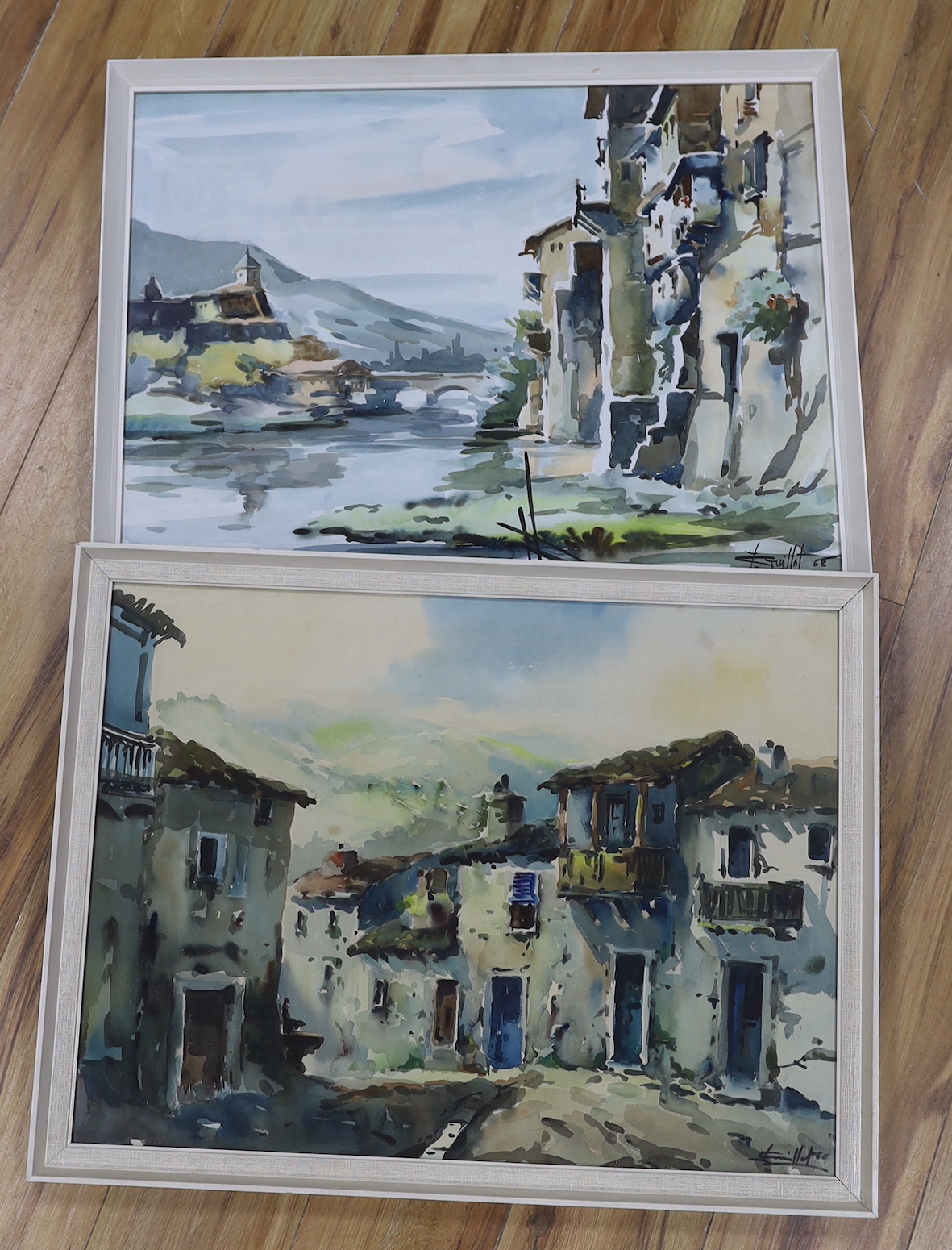 Javier Varela Guillot, two watercolours, Northern Spanish town scenes, signed, 49 x 65cm